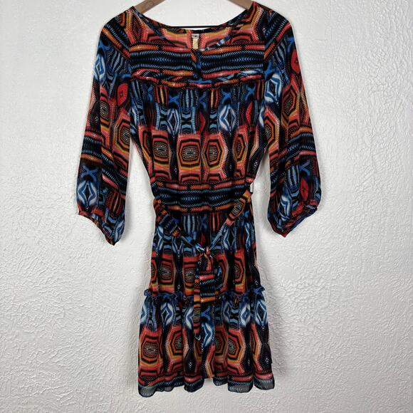 Uncle Frank Vibrant Vivid Bold Geometric Print Tie Waist Mini Dress Boho Small - Picture 1 of 5